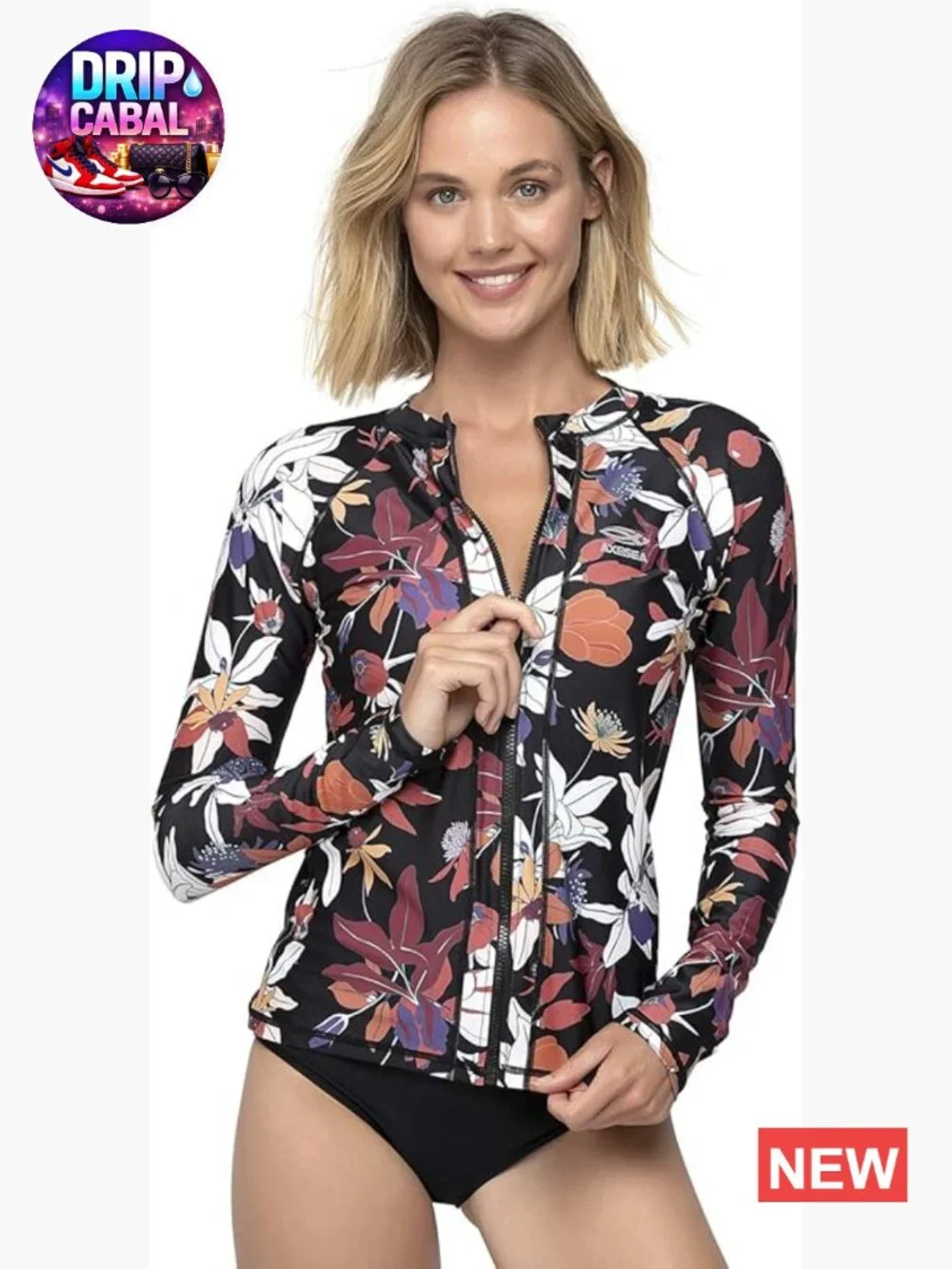 Long Sleeve Rash Guard UPF 50+ Zip Front Swimsuit Shirt